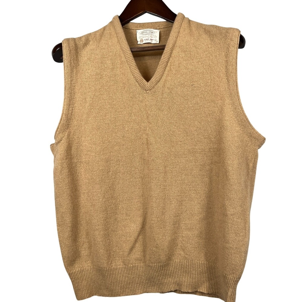 Vintage Jefflamb by Lord Jeff Mens Lambswool Sweater Vest Tan V Neck USA L